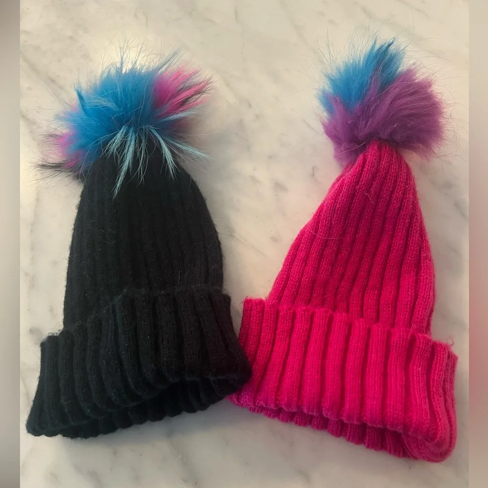 Bari Lynn Hot Pink Knit Beanie Hat with Rainbow Faux Fur Pom One Size Winter EUC